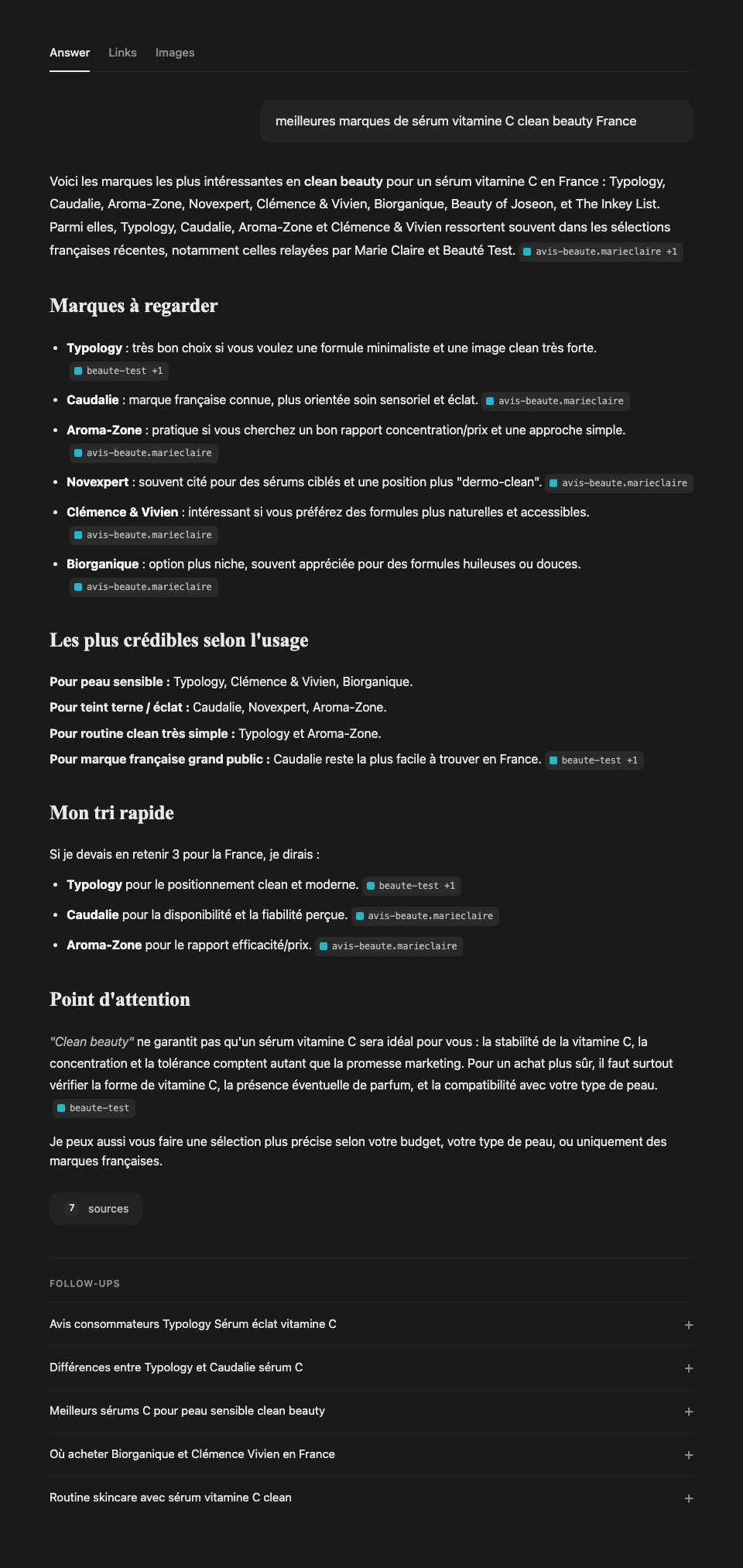 Perplexity response capture for the prompt 'best clean beauty vitamin C serum brands France': 8 brands cited in intro (Typology, Caudalie, Aroma-Zone, Novexpert, Clémence & Vivien, Biorganique, Beauty of Joseon, The Inkey List), stratified into Brands to watch, Most credible per use case, Quick top 3 and Point of attention, with 2 dominant source domains (avis-beaute.marieclaire and beaute-test)